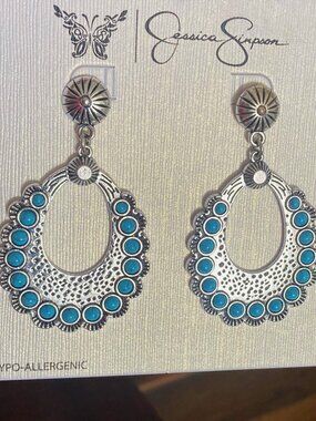 New JESSICA SIMPSON Faux Turquoise Stone Drop Silvertone Earrings